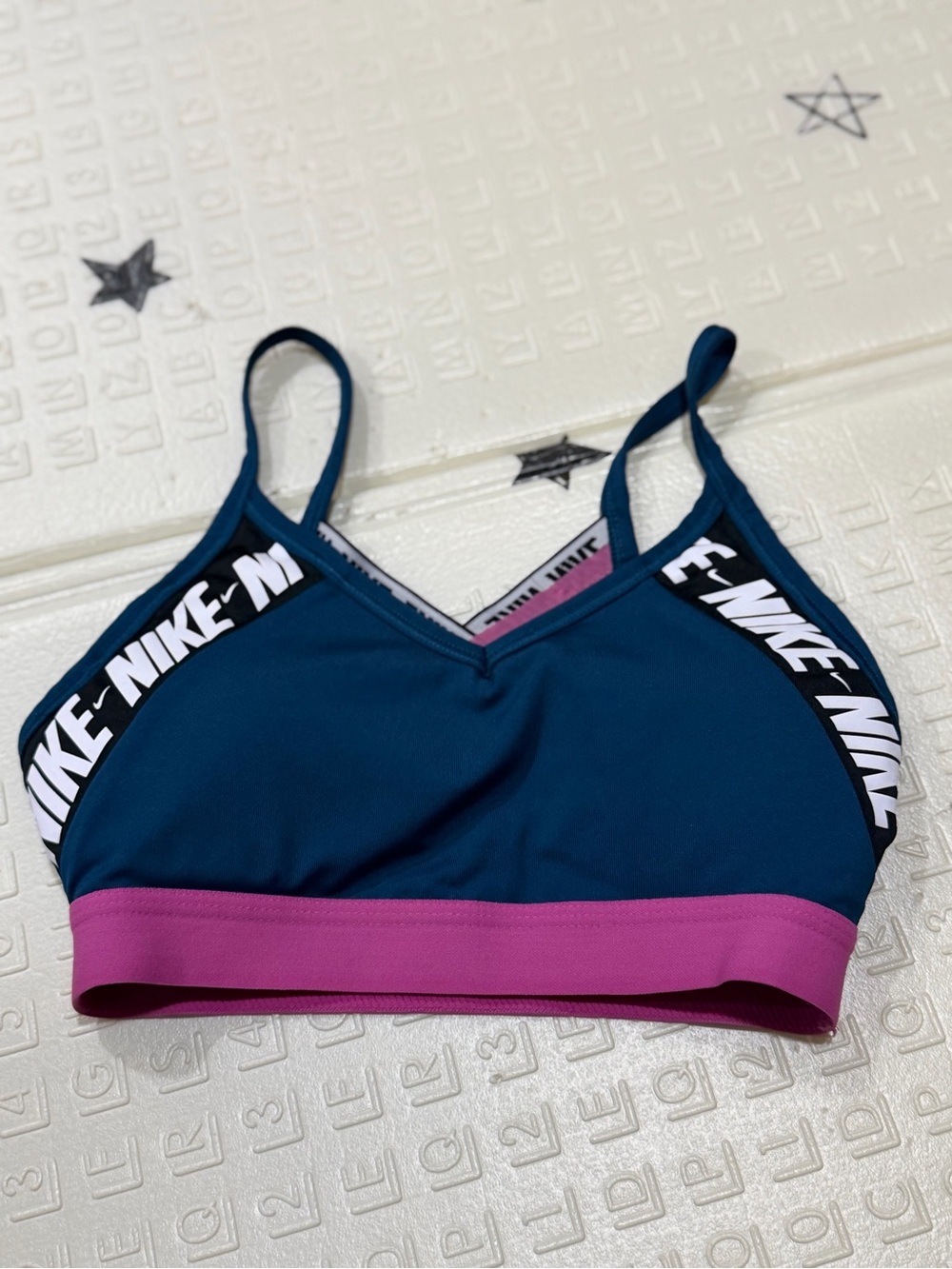 Nike Women's Teal and Magenta Logo-Trim Bikini Top